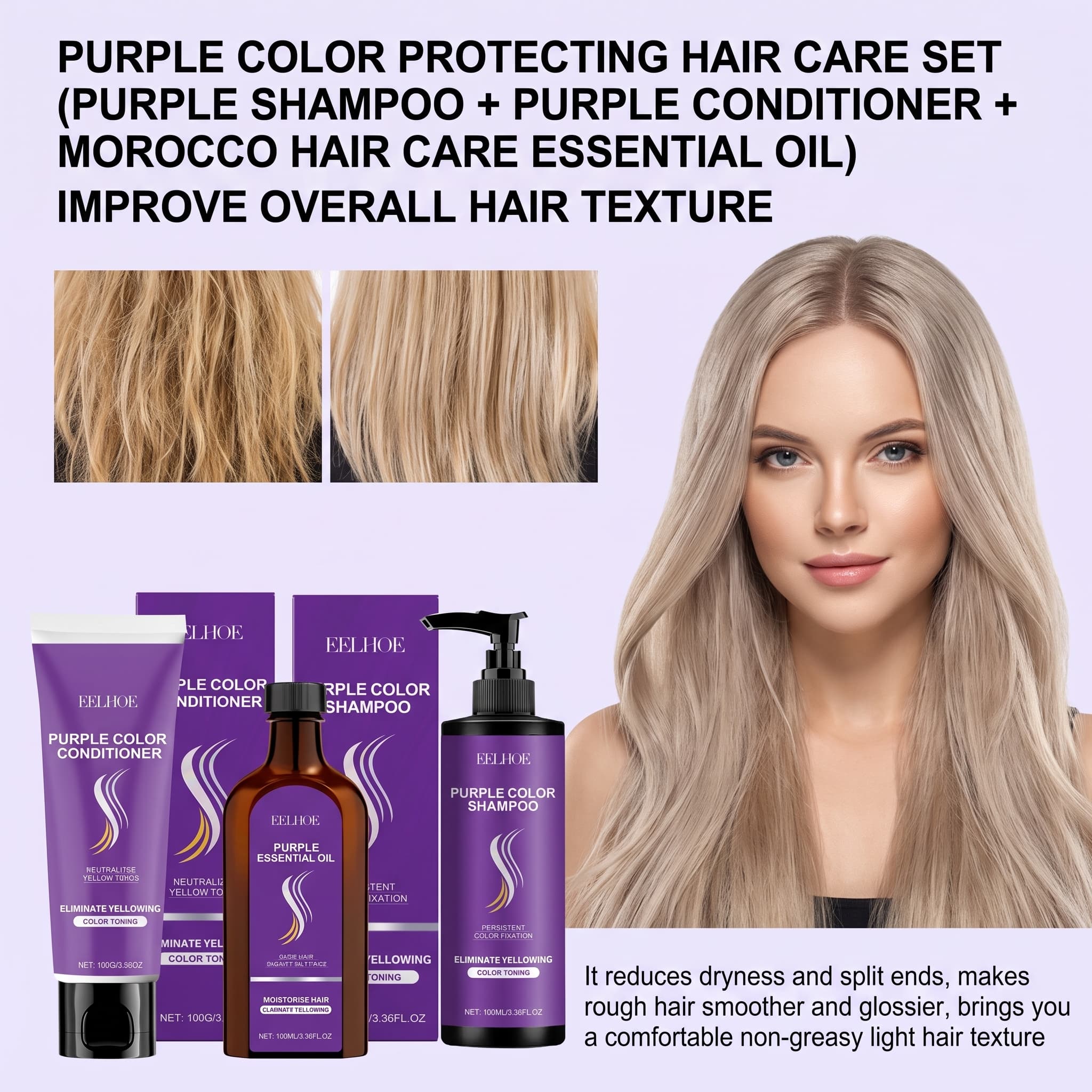 Hair Care Hair Serum - Zestaw szamponu fioletowego z odżywką, olejkiem
